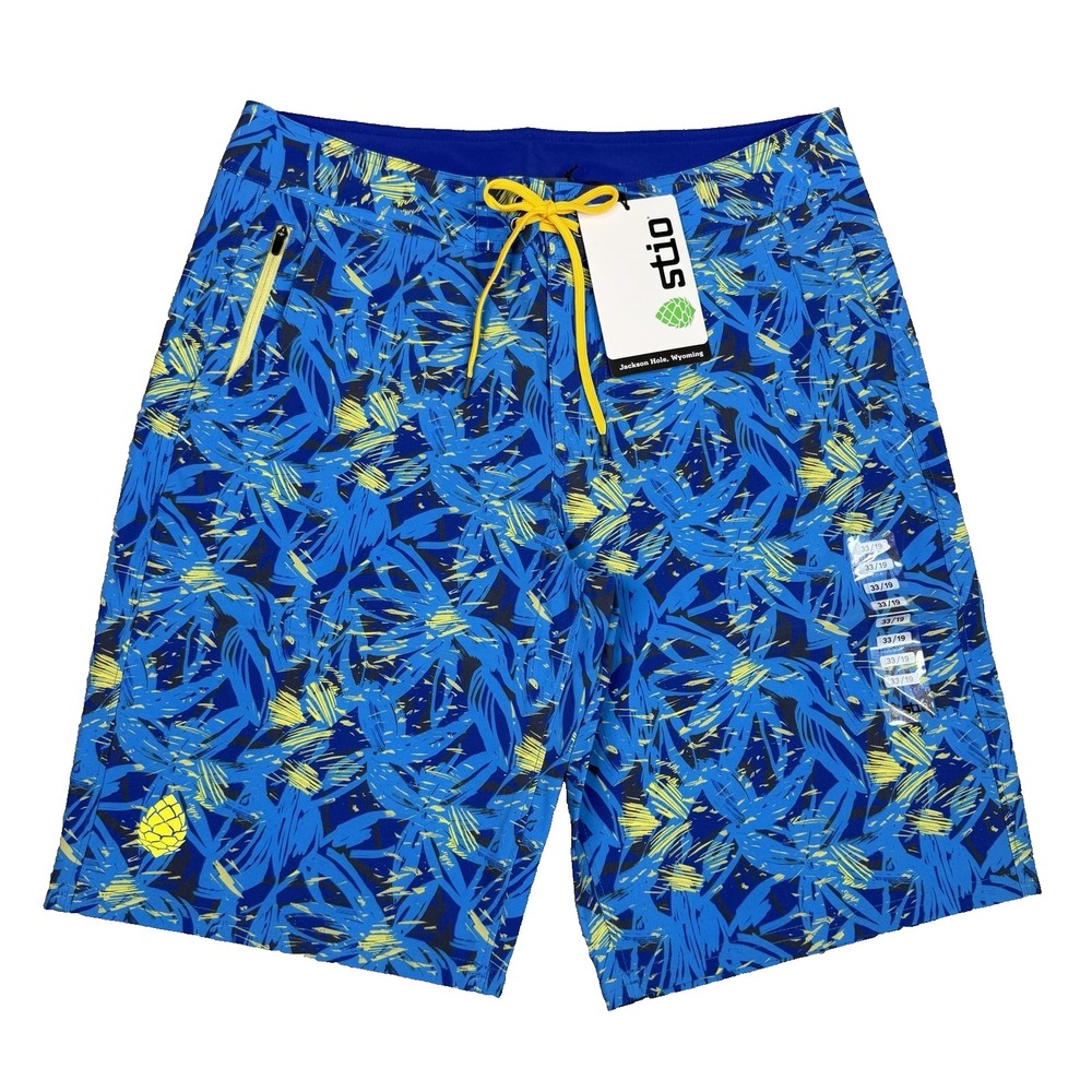 Stio CFS Board Short Mens 33 Blue Floral 19" Swim Hike Stretch Quick Dry UPF New
